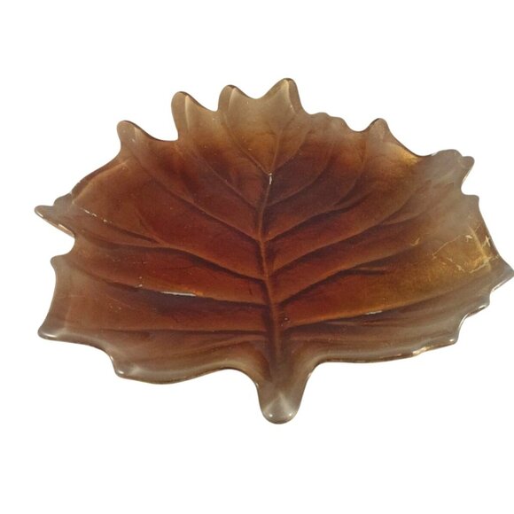 Vintage Amber Glass Leaf Shaped Trinket Dish - Picture 2 of 10